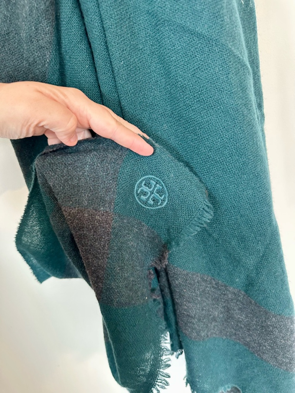 Tory Burch Green Teal and Charcoal Wool Cashmere Blend Scarf - Picture 4 of 7